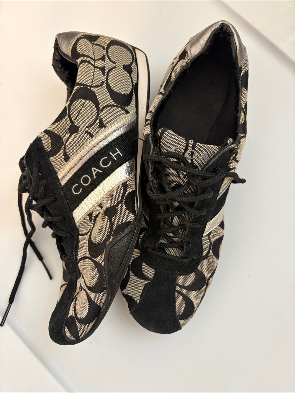 Coach Women's Signature Logo Lace-Up Sneakers in Black and Beige
